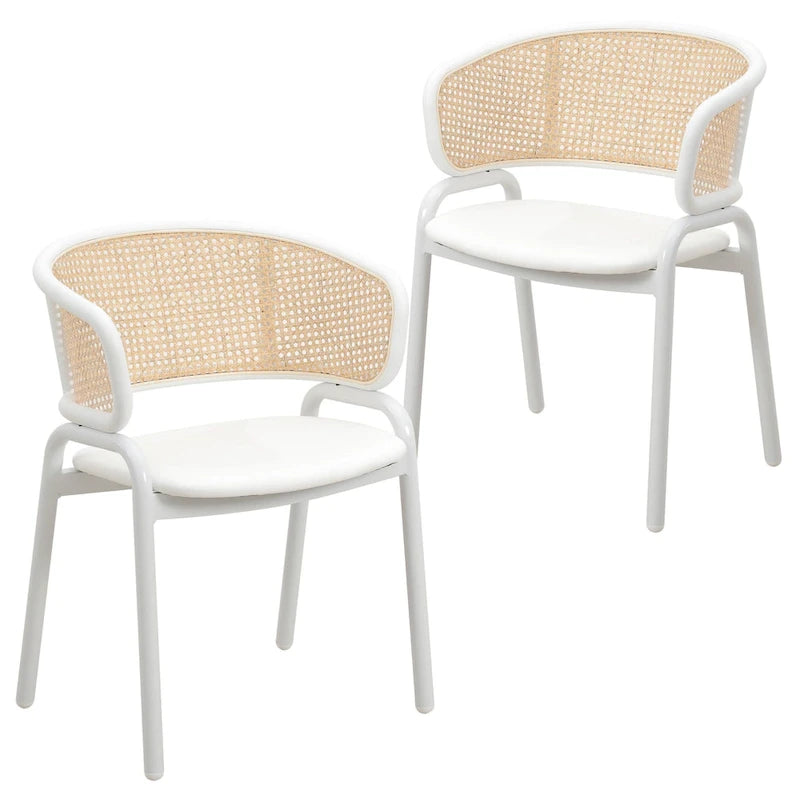 Silla auxiliar moderna y elegante con respaldo de ratán y patas de acero blanco para comedor y cocina, juego de 2