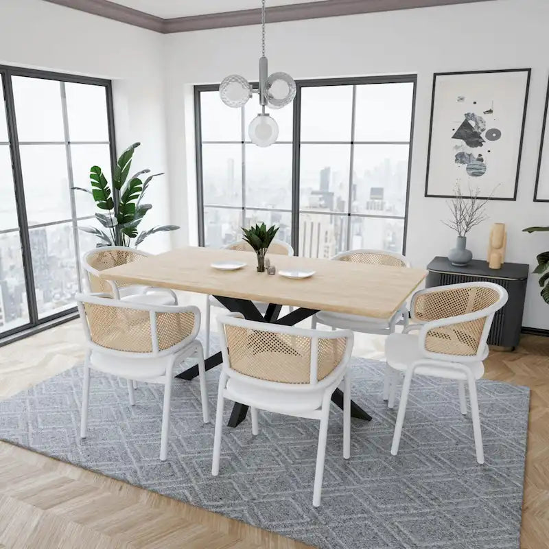Silla auxiliar moderna y elegante con respaldo de ratán y patas de acero blanco para comedor y cocina, juego de 2