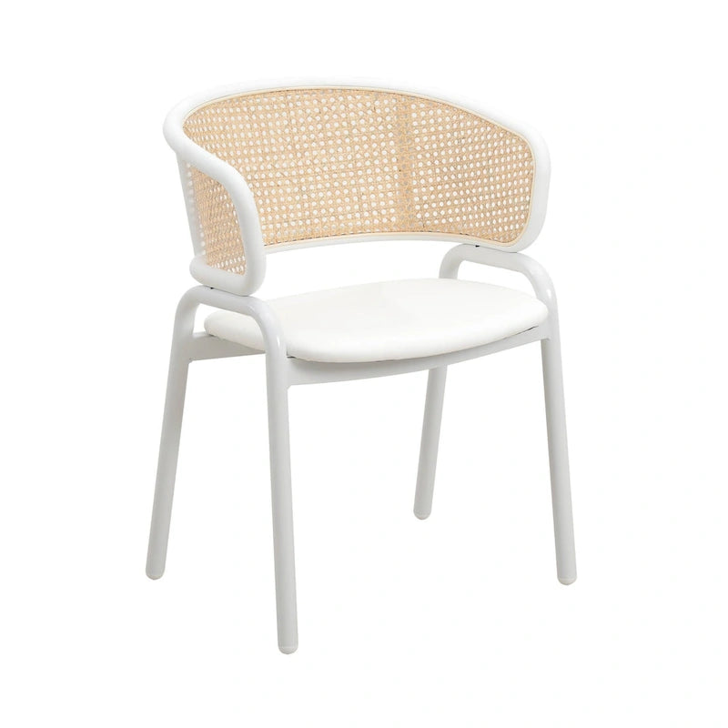 Silla auxiliar moderna y elegante con respaldo de ratán y patas de acero blanco para comedor y cocina, juego de 2