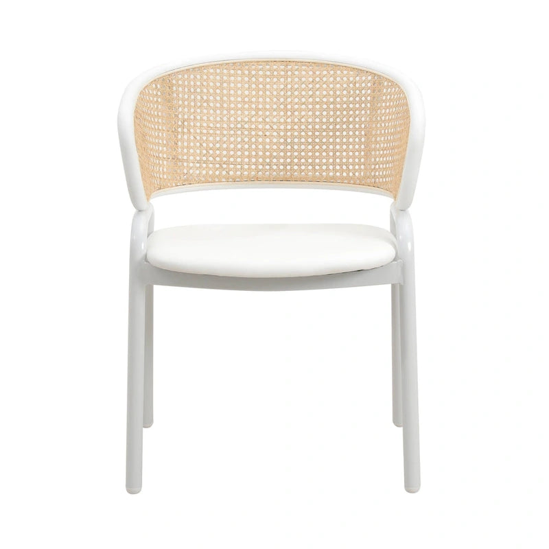 Silla auxiliar moderna y elegante con respaldo de ratán y patas de acero blanco para comedor y cocina, juego de 2