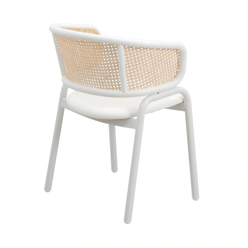 Silla auxiliar moderna y elegante con respaldo de ratán y patas de acero blanco para comedor y cocina, juego de 2