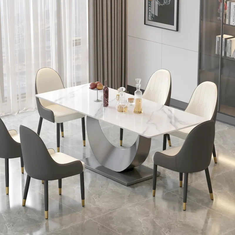 Tavolo da pranzo in marmo da 79 per 10 persone, tavolo da cucina rettangolare moderno con base a piedistallo a U