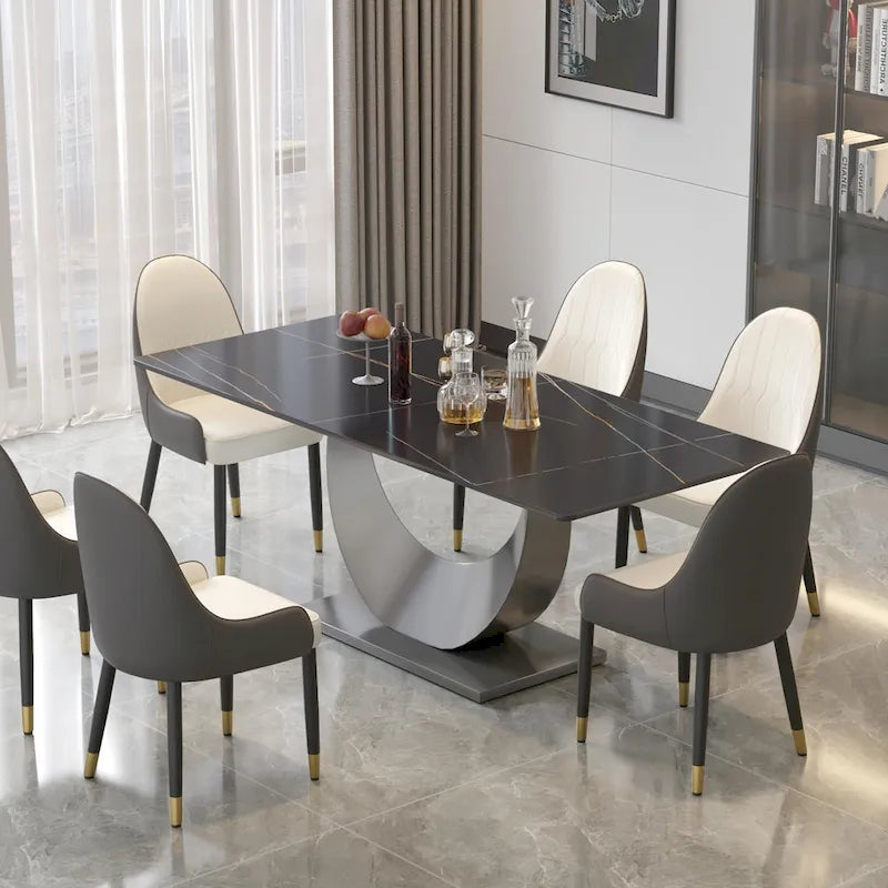 Tavolo da pranzo in marmo da 79 per 10 persone, tavolo da cucina rettangolare moderno con base a piedistallo a U