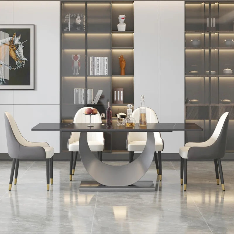 Tavolo da pranzo in marmo da 79 per 10 persone, tavolo da cucina rettangolare moderno con base a piedistallo a U