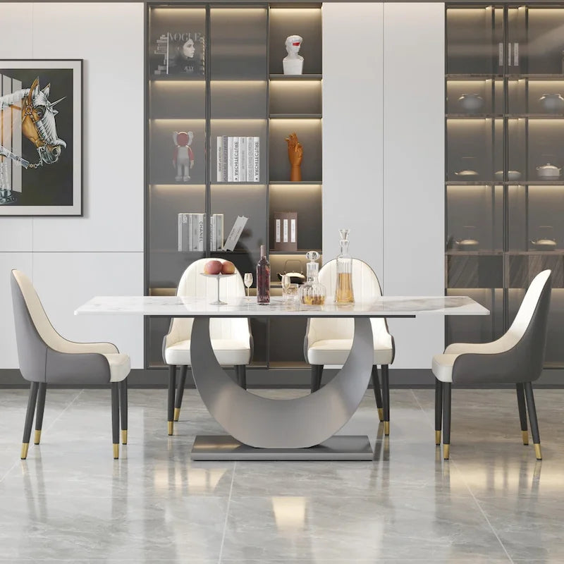 Tavolo da pranzo in marmo da 79 per 10 persone, tavolo da cucina rettangolare moderno con base a piedistallo a U