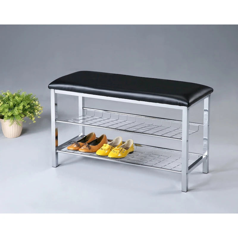 Banco para zapatos de metal con asiento de cuero sintético, cromado y negro