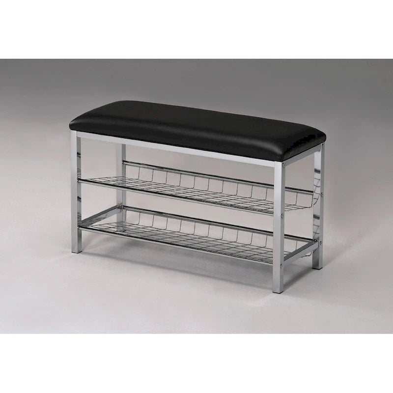 Banco para zapatos de metal con asiento de cuero sintético, cromado y negro