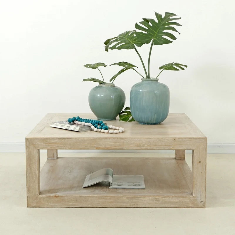Mesa de centro cuadrada de madera encalada blanca envejecida, enmarcada, para interiores, de 39.4L