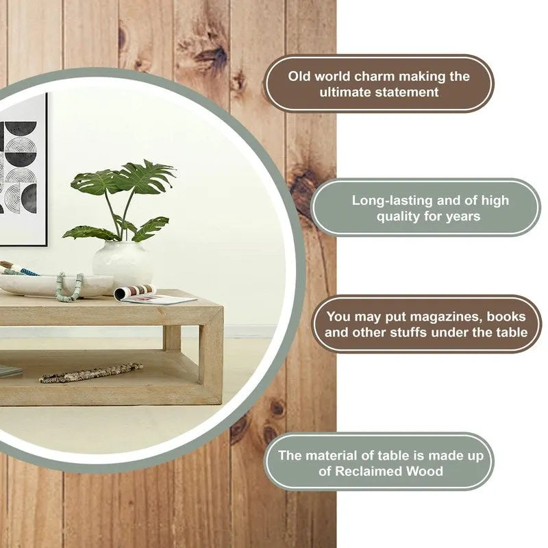 Mesa de centro cuadrada de madera encalada blanca envejecida, enmarcada, para interiores, de 39.4L