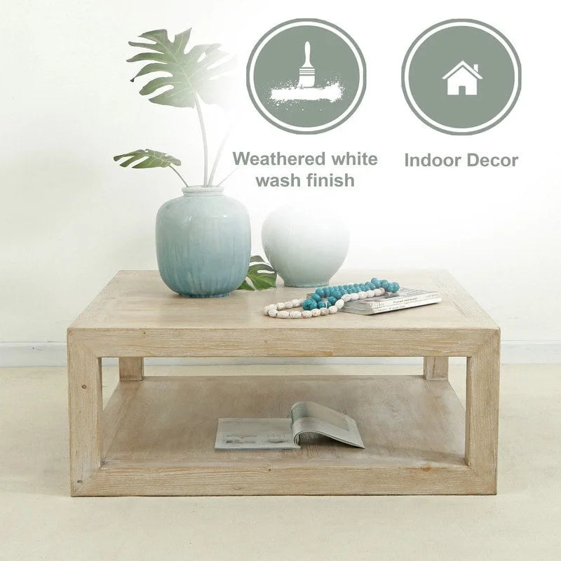 Mesa de centro cuadrada de madera encalada blanca envejecida, enmarcada, para interiores, de 39.4L