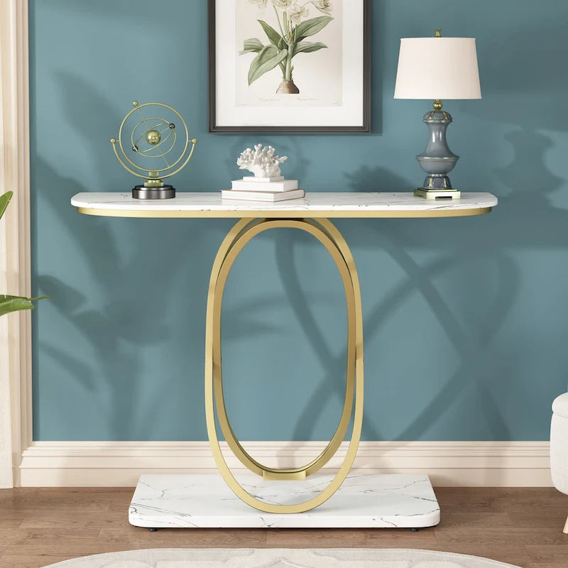 Mesa consola de 43.3 pulgadas con base geométrica, mesa auxiliar de sofá moderna para recibidor y sala