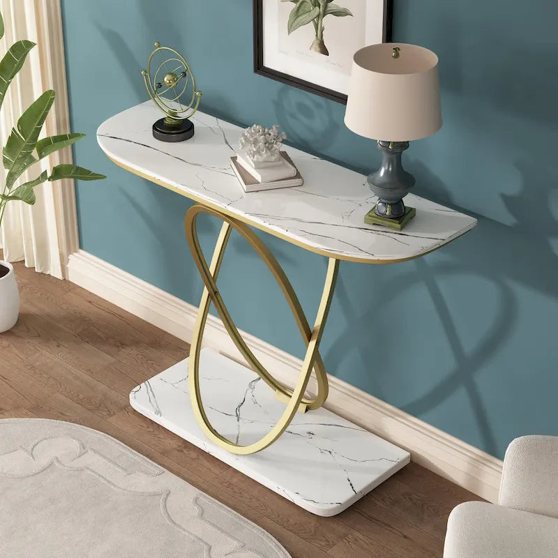 Mesa consola de 43.3 pulgadas con base geométrica, mesa auxiliar de sofá moderna para recibidor y sala