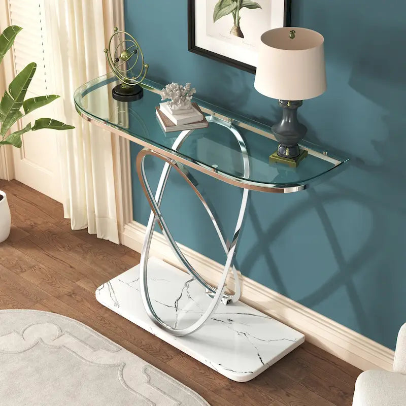 Mesa consola de 43.3 pulgadas con base geométrica, mesa auxiliar de sofá moderna para recibidor y sala