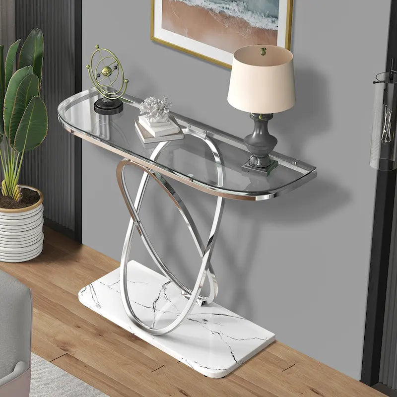 Mesa consola de 43.3 pulgadas con base geométrica, mesa auxiliar de sofá moderna para recibidor y sala