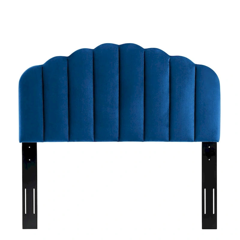 Cabecero tapizado de terciopelo azul festoneado para cama King/California King
