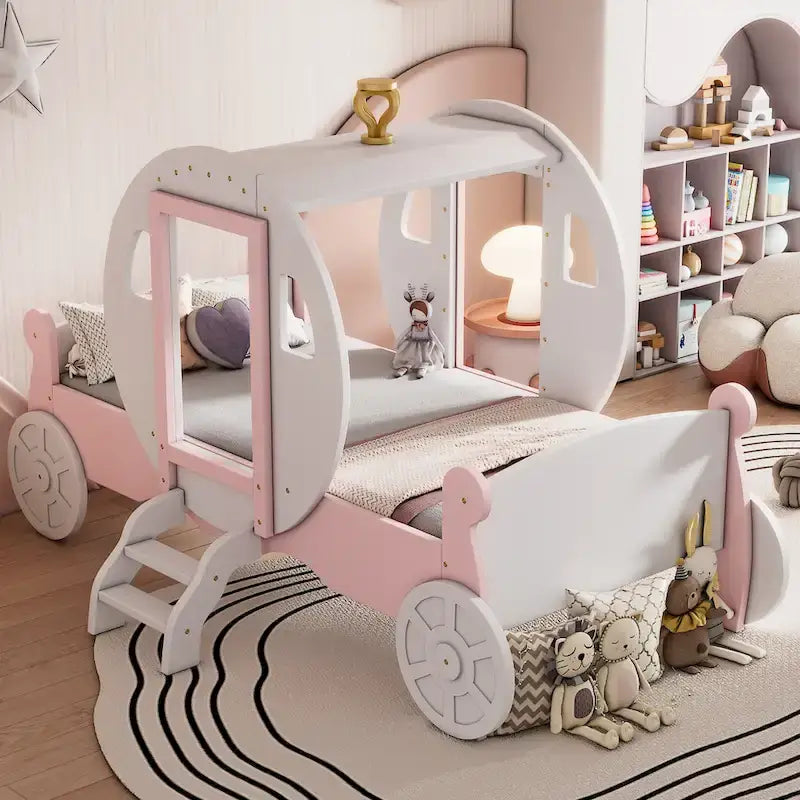 Letto a carrozza da principessa con corona, letto a piattaforma in legno a forma di auto con scaletta, bianco+rosa