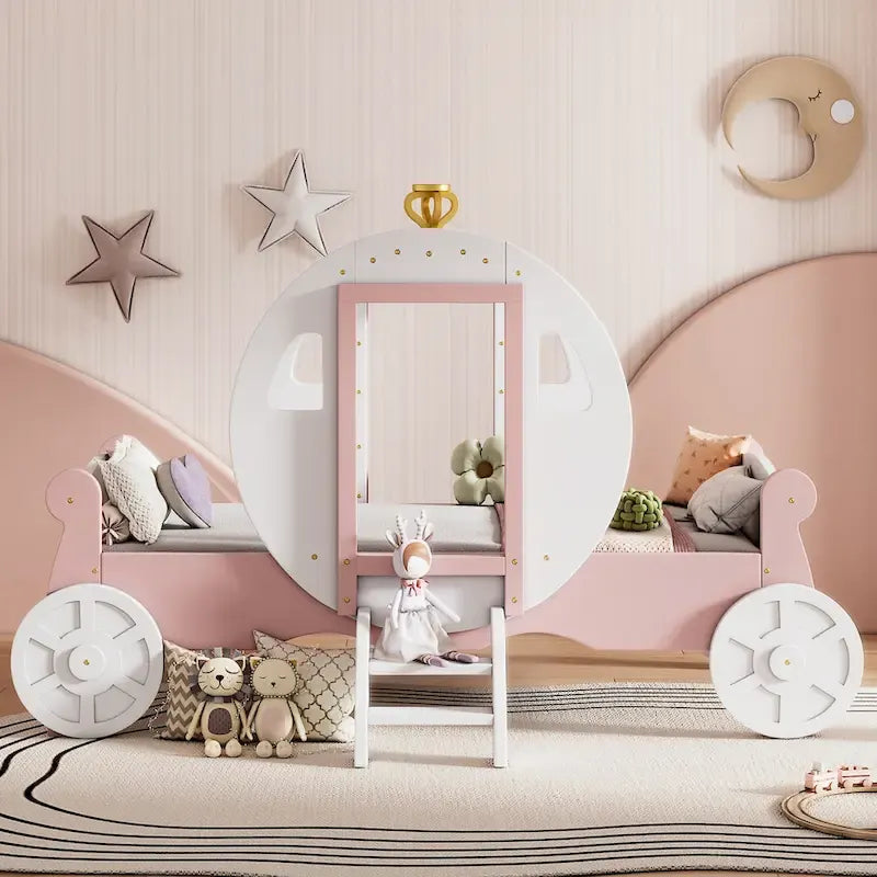 Cama carruaje de princesa con corona, cama de plataforma de madera con forma de automóvil y escalera, blanca+rosa