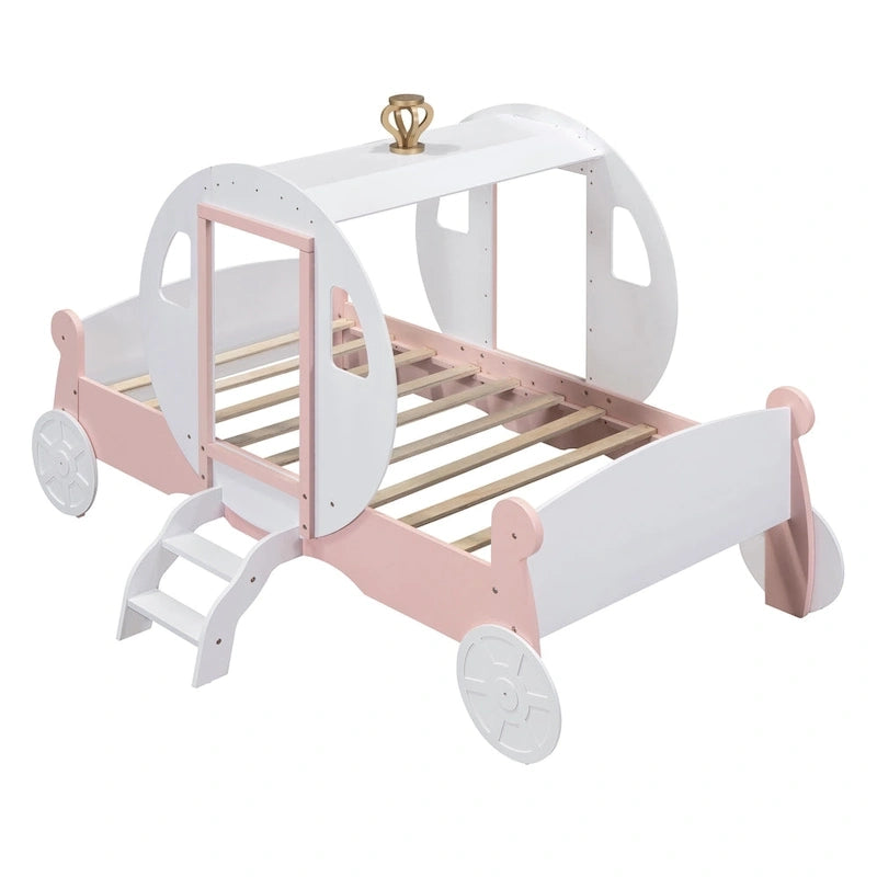 Cama carruaje de princesa con corona, cama de plataforma de madera con forma de automóvil y escalera, blanca+rosa