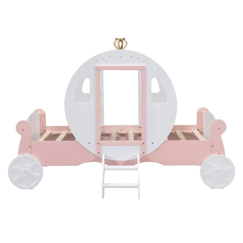 Letto a carrozza da principessa con corona, letto a piattaforma in legno a forma di auto con scaletta, bianco+rosa