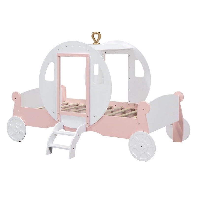 Cama carruaje de princesa con corona, cama de plataforma de madera con forma de automóvil y escalera, blanca+rosa