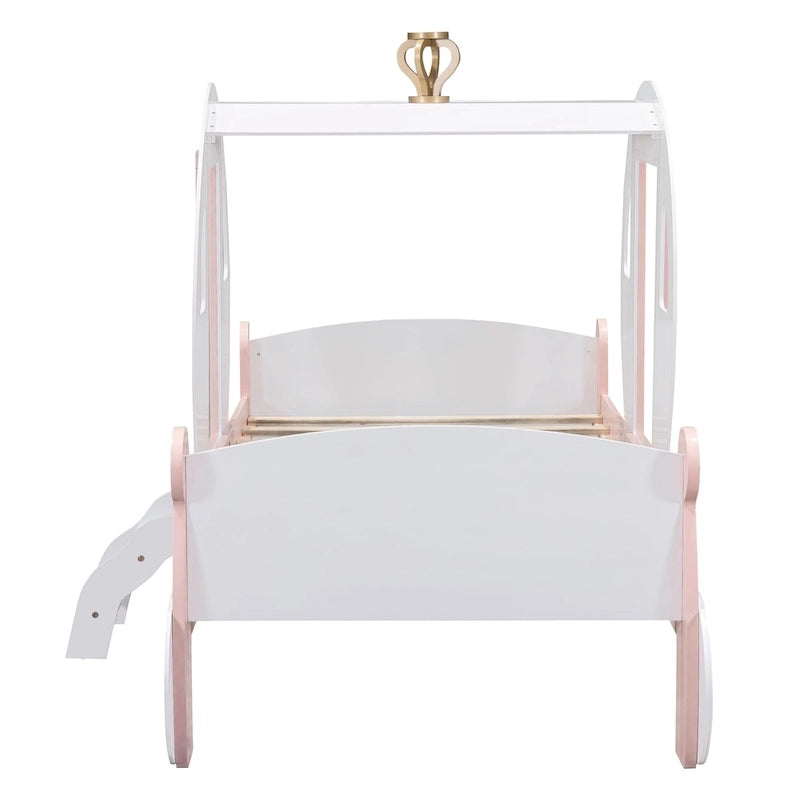 Cama carruaje de princesa con corona, cama de plataforma de madera con forma de automóvil y escalera, blanca+rosa