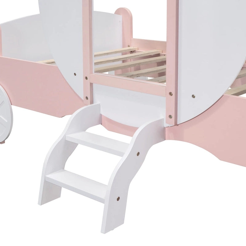 Cama carruaje de princesa con corona, cama de plataforma de madera con forma de automóvil y escalera, blanca+rosa