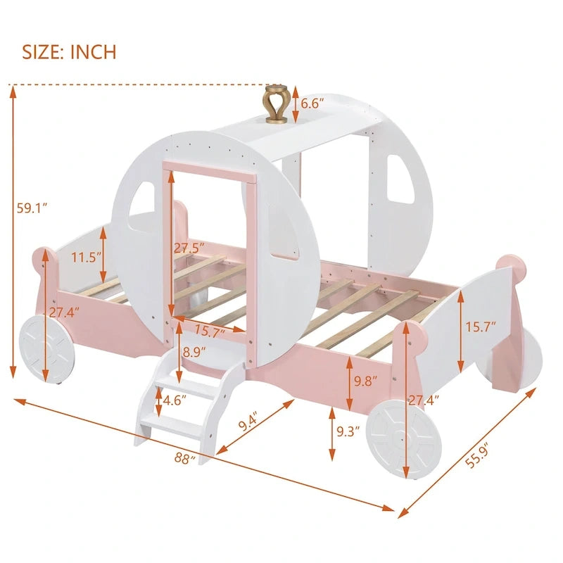 Cama carruaje de princesa con corona, cama de plataforma de madera con forma de automóvil y escalera, blanca+rosa