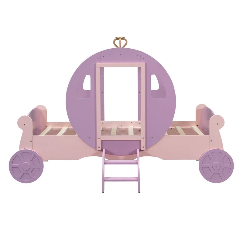 Cama carruaje de princesa con corona, cama de plataforma de madera con forma de automóvil y escalera, blanca+rosa