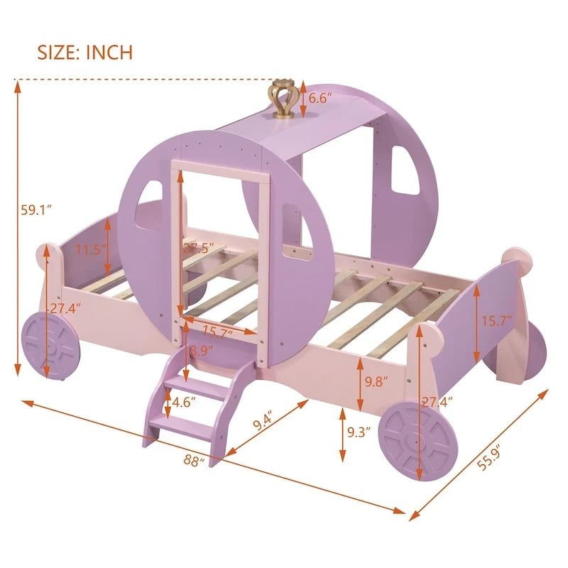 Cama carruaje de princesa con corona, cama de plataforma de madera con forma de automóvil y escalera, blanca+rosa