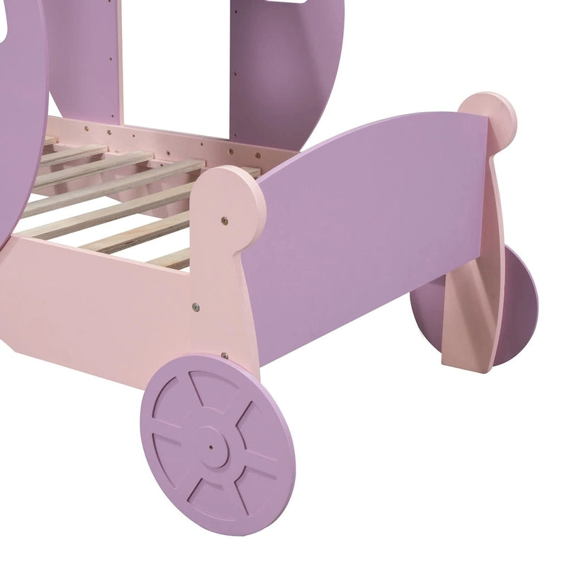 Cama carruaje de princesa con corona, cama de plataforma de madera con forma de automóvil y escalera, blanca+rosa