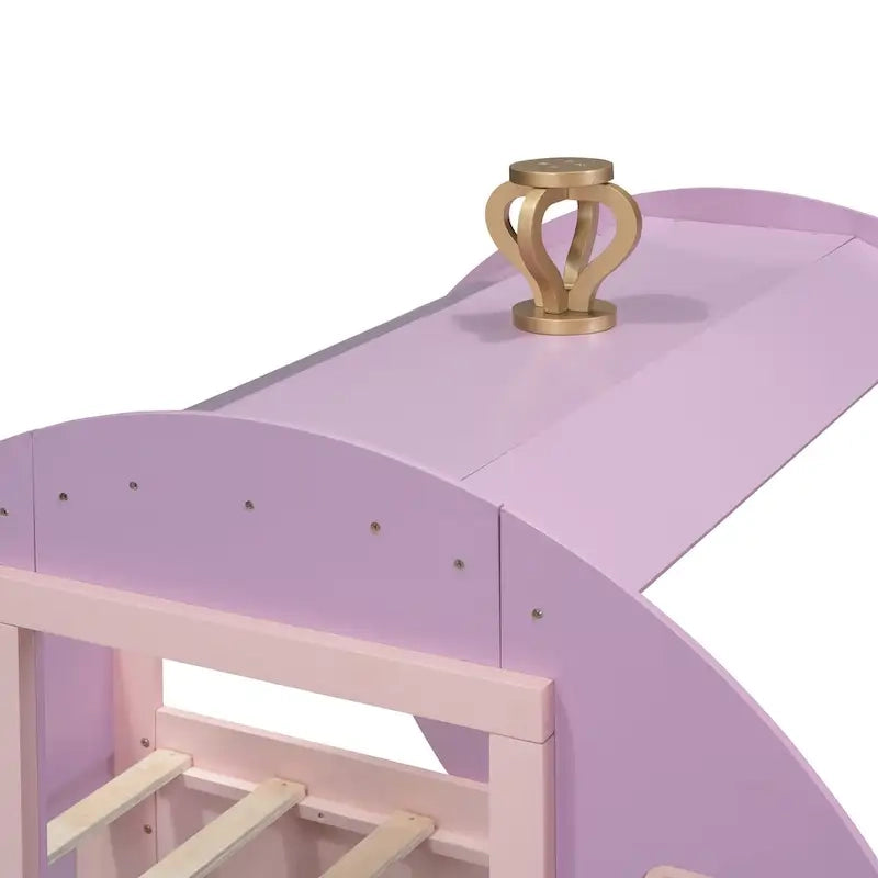 Cama carruaje de princesa con corona, cama de plataforma de madera con forma de automóvil y escalera, blanca+rosa