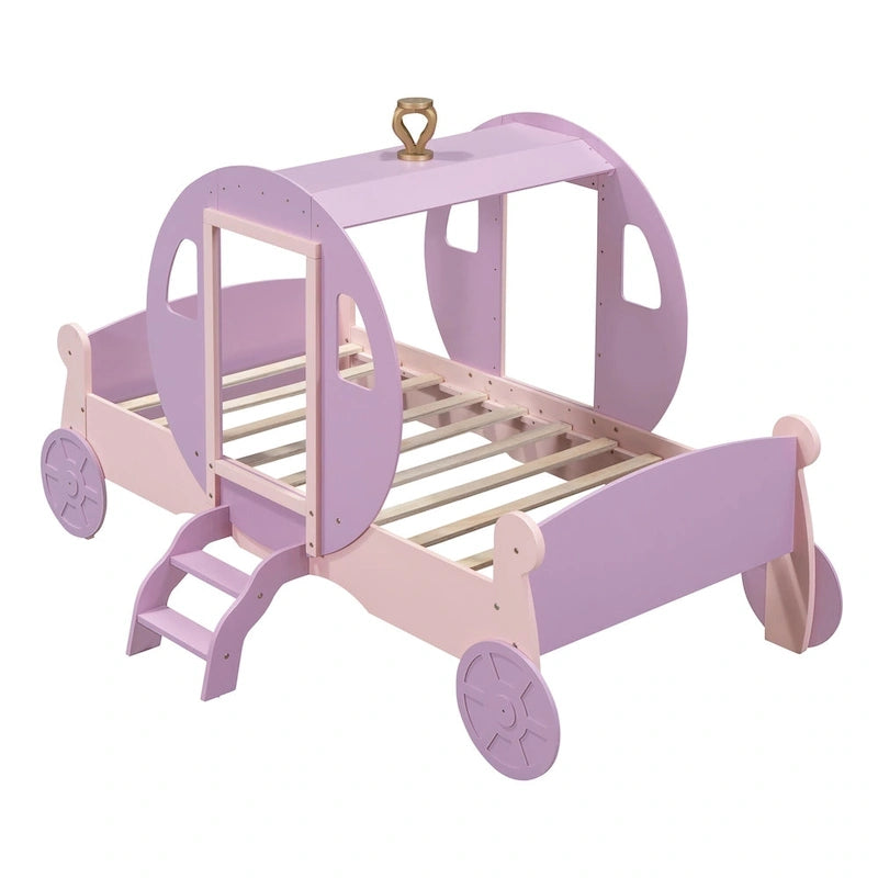 Cama carruaje de princesa con corona, cama de plataforma de madera con forma de automóvil y escalera, blanca+rosa