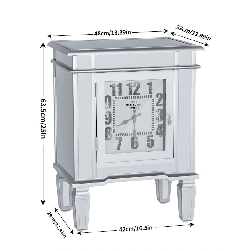Comodino a specchio, orologio, tavolino laterale e tavolino da letto argentato per il soggiorno - 19x13x25