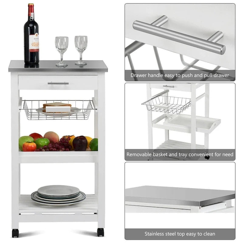 Carrito de cocina con ruedas, cesta de almacenamiento y cajones - 18.5 x 14.5 x 33 ( L x W x H )