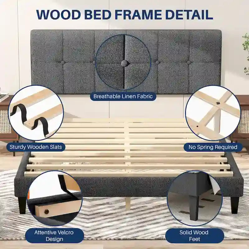 Letto a piattaforma in legno con testiera, senza necessità di rete a doghe