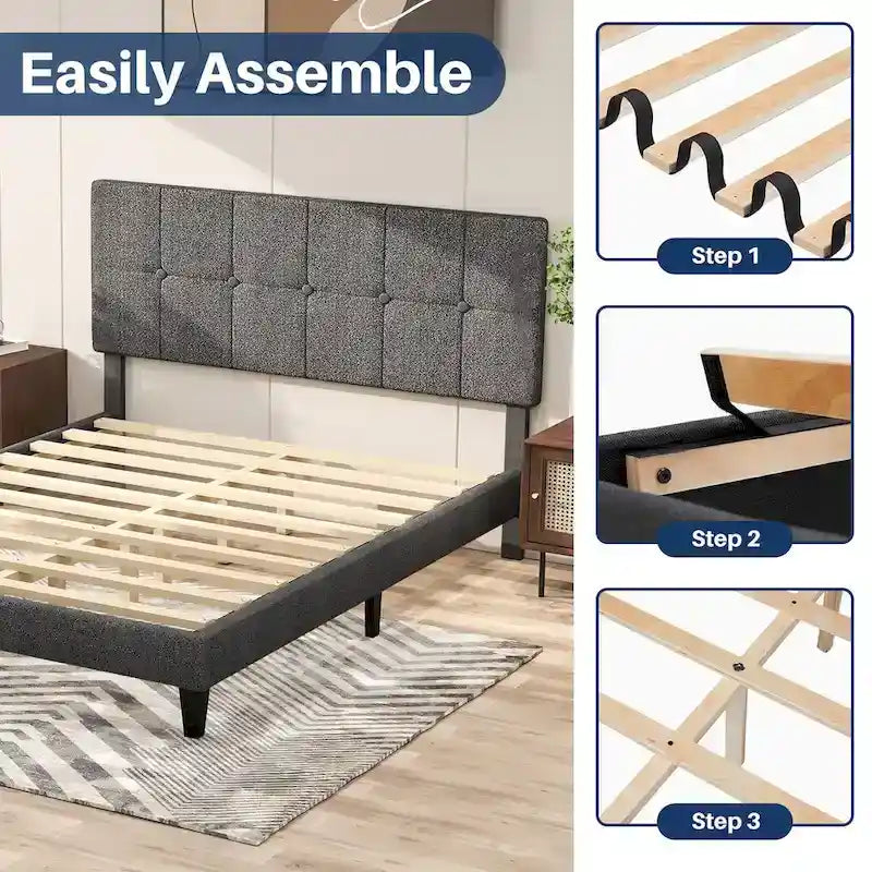 Letto a piattaforma in legno con testiera, senza necessità di rete a doghe