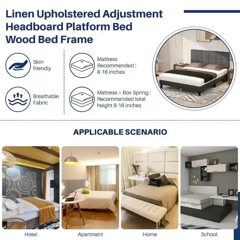 Letto a piattaforma in legno con testiera, senza necessità di rete a doghe