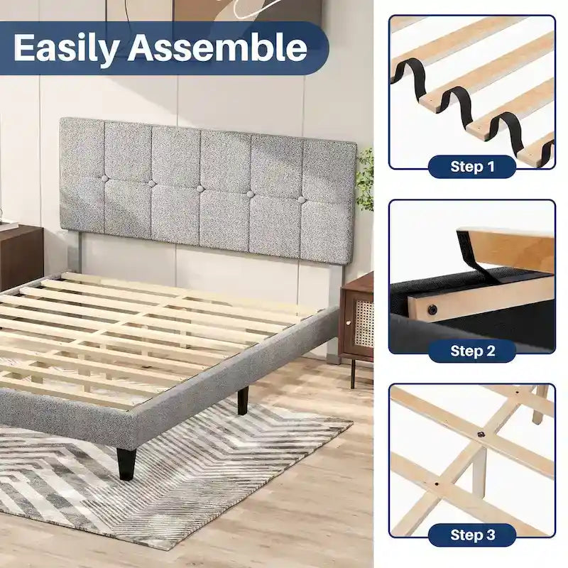 Letto a piattaforma in legno con testiera, senza necessità di rete a doghe