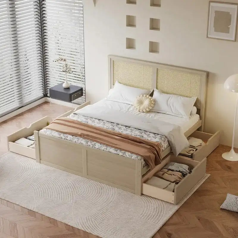 Letto a piattaforma con testiera in rattan e 4 cassetti portaoggetti