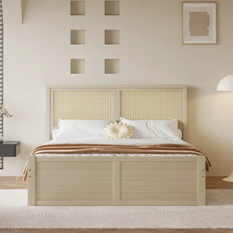 Letto a piattaforma con testiera in rattan e 4 cassetti portaoggetti
