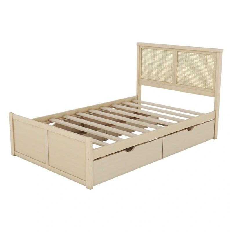 Letto a piattaforma con testiera in rattan e 4 cassetti portaoggetti