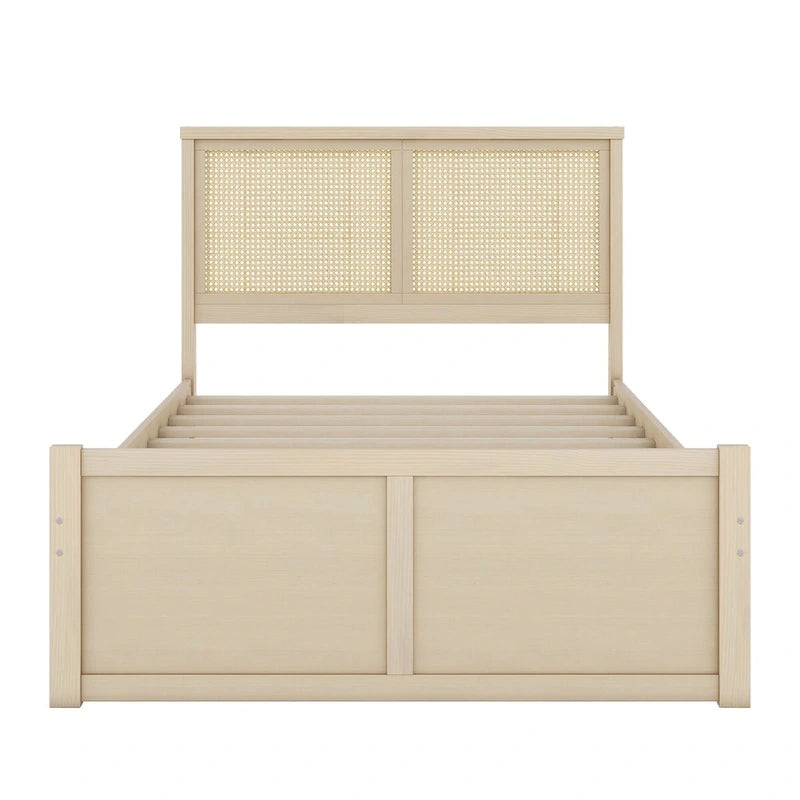 Letto a piattaforma con testiera in rattan e 4 cassetti portaoggetti