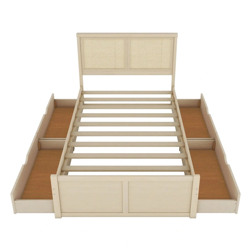 Letto a piattaforma con testiera in rattan e 4 cassetti portaoggetti