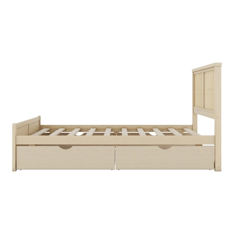 Letto a piattaforma con testiera in rattan e 4 cassetti portaoggetti