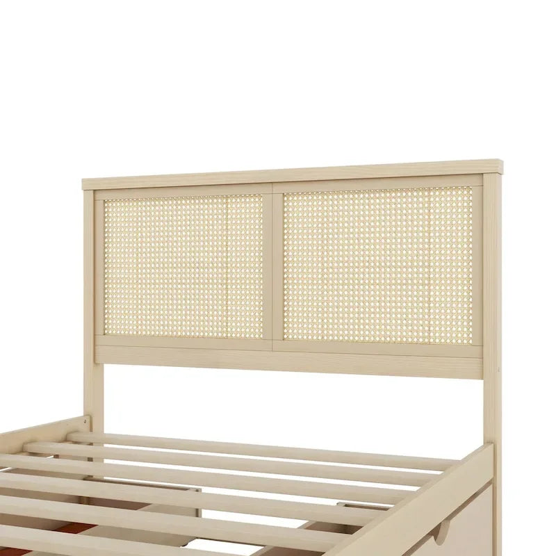 Letto a piattaforma con testiera in rattan e 4 cassetti portaoggetti