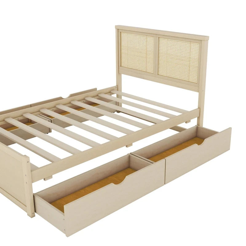 Letto a piattaforma con testiera in rattan e 4 cassetti portaoggetti