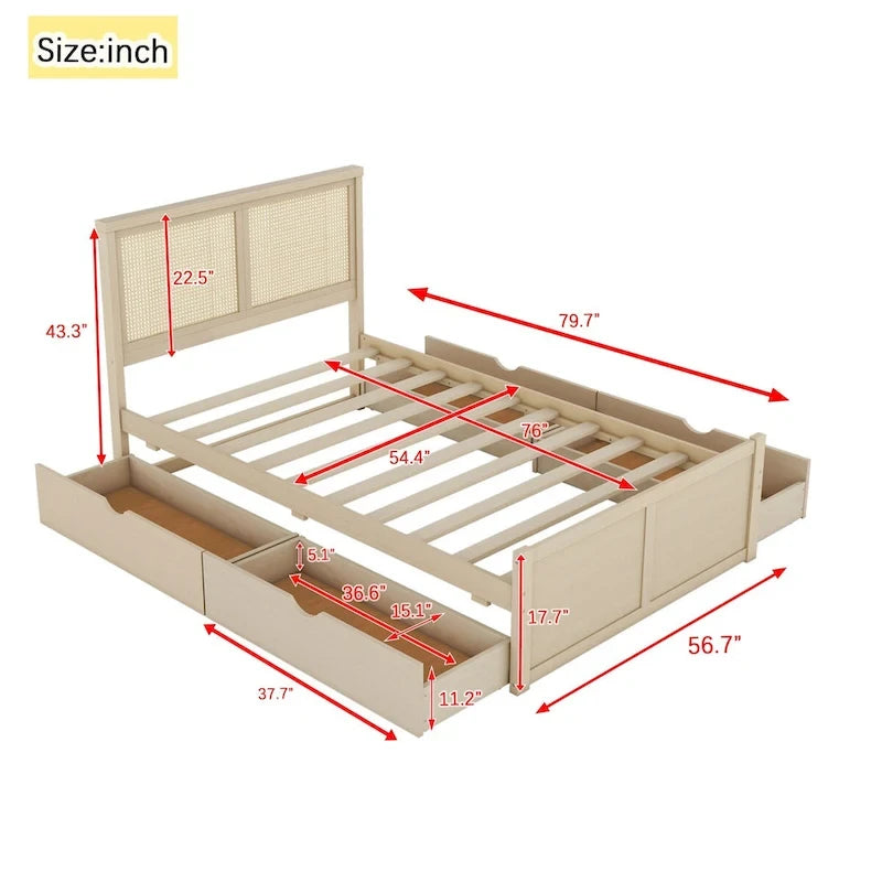 Letto a piattaforma con testiera in rattan e 4 cassetti portaoggetti