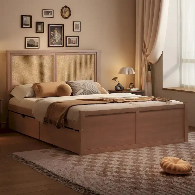 Letto a piattaforma con testiera in rattan e 4 cassetti portaoggetti