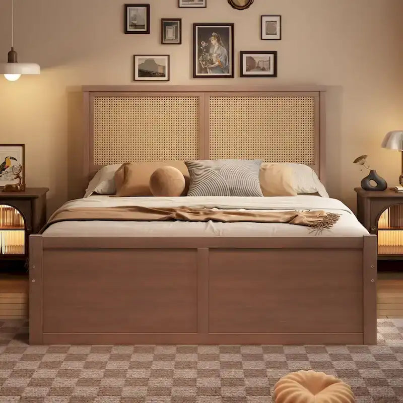 Letto a piattaforma con testiera in rattan e 4 cassetti portaoggetti