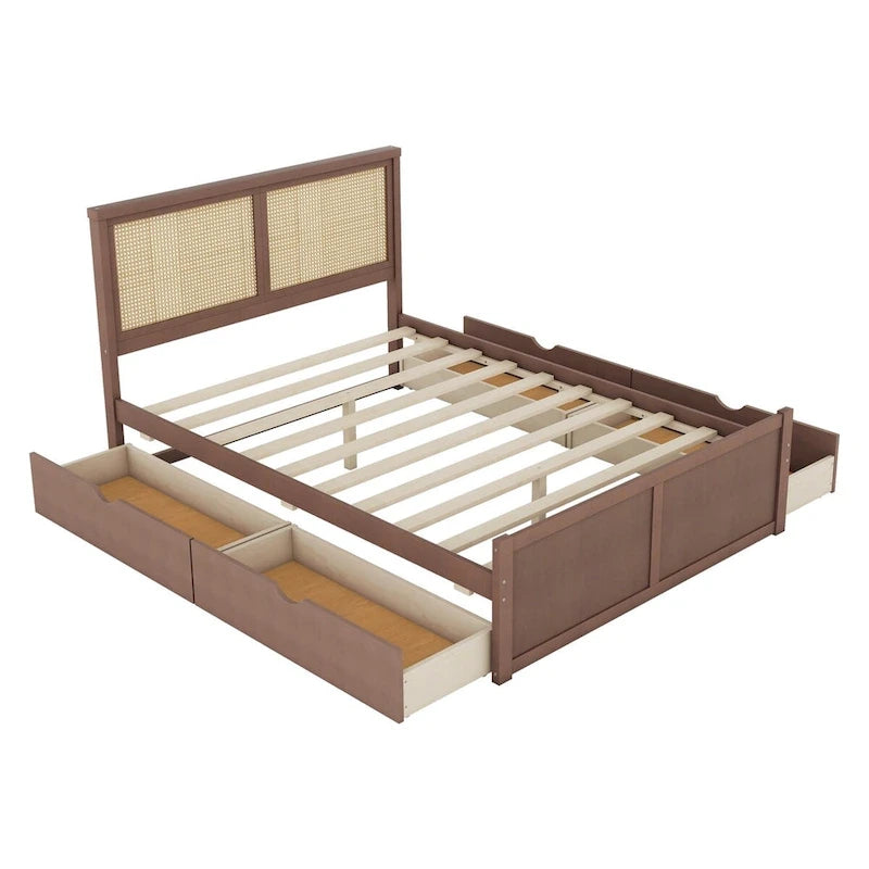 Letto a piattaforma con testiera in rattan e 4 cassetti portaoggetti